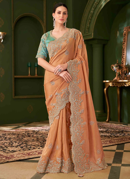 Peach Georgette Classic Saree Embroidered S20372