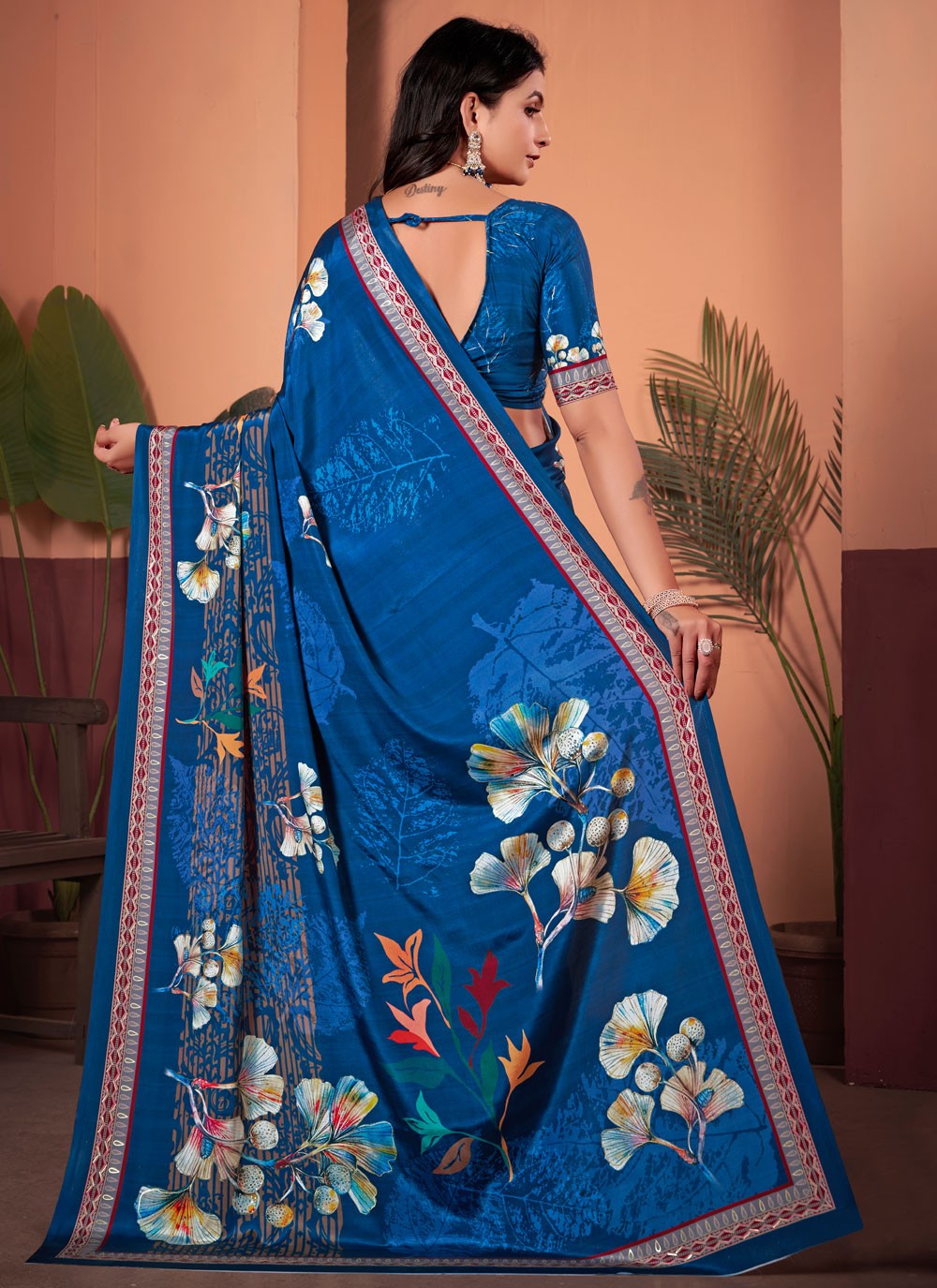 Floral Printed Silk Peach Saree S13742
