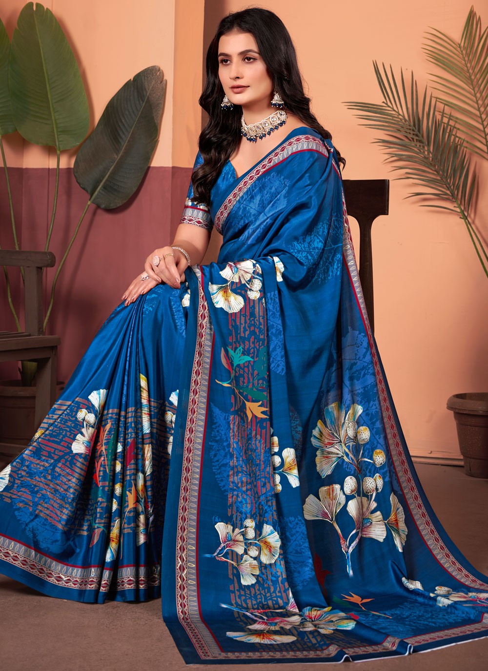 Floral Printed Silk Peach Saree S13742