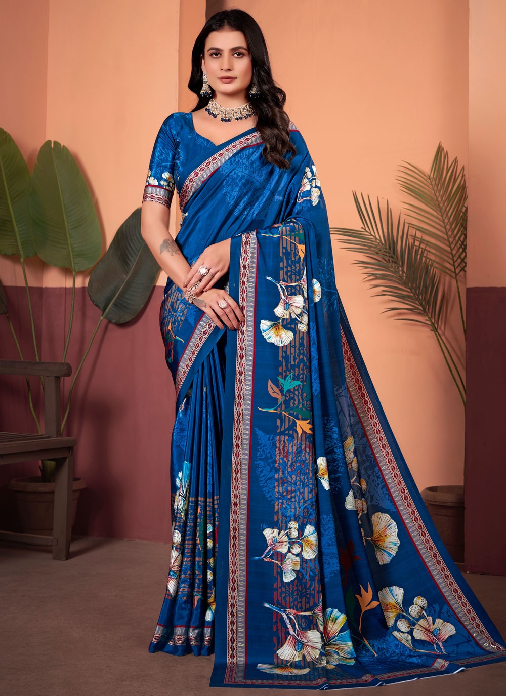 Floral Printed Silk Peach Saree S13980