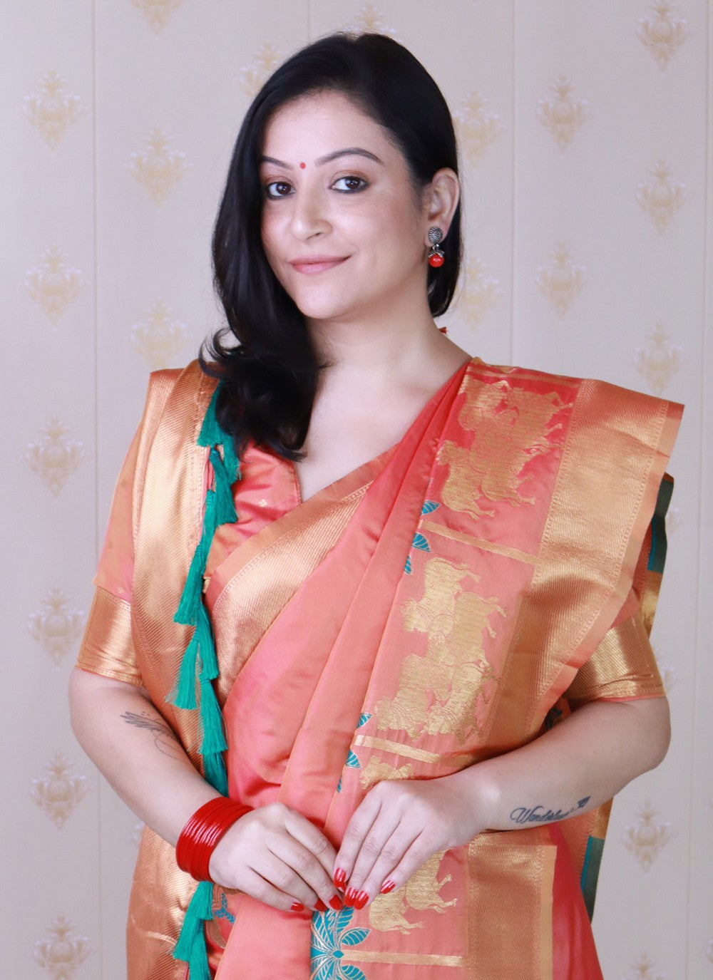 Peach Silk Trendy Saree Meenakari, Woven S19474