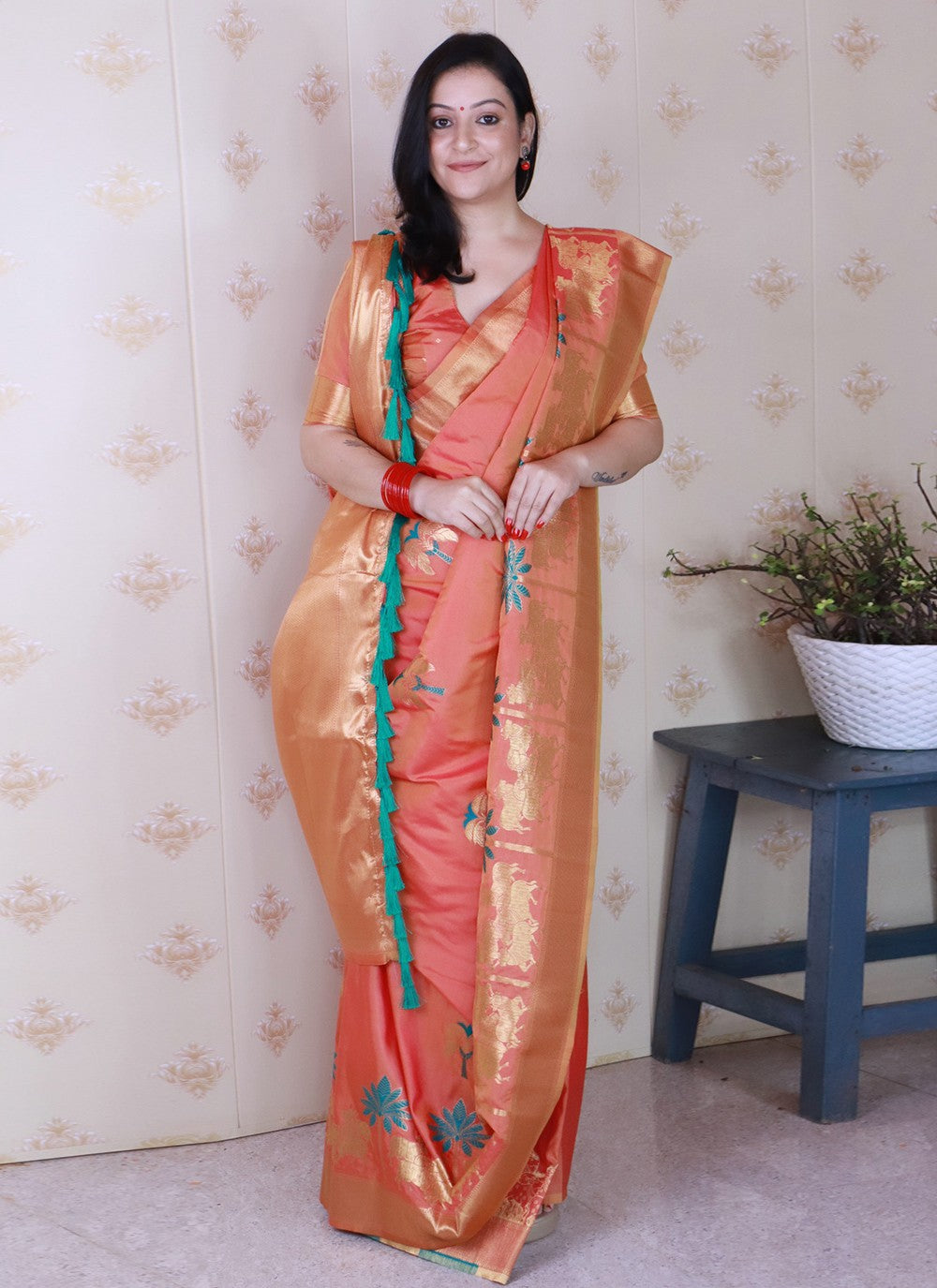 Peach Silk Trendy Saree Meenakari, Woven S19474