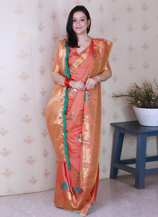 Peach Silk Trendy Saree Meenakari, Woven S19474