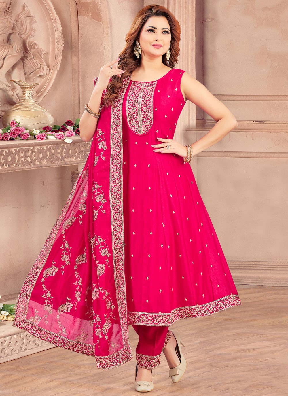Anarkali Weaving Zari Peach Silk T5242