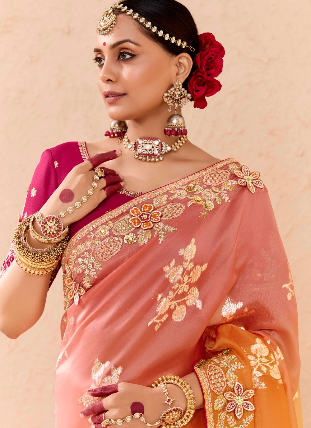 Designer Embroidered Pink, Yellow Silk Saree S13655