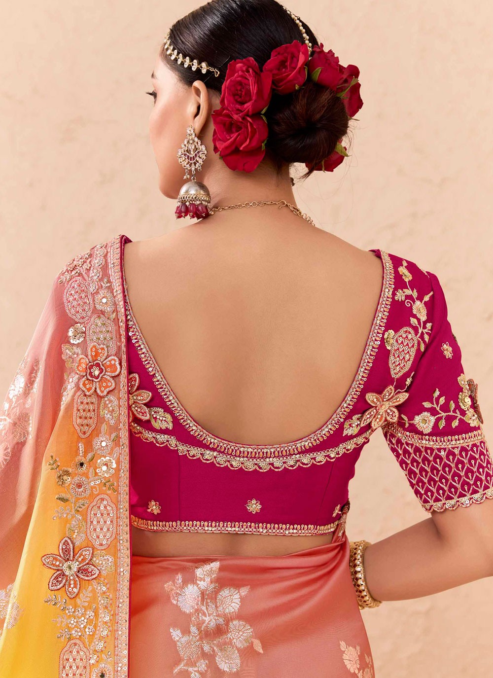 Designer Embroidered Pink, Yellow Silk Saree S13655