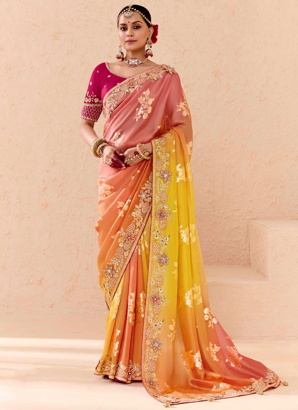 Designer Embroidered Pink, Yellow Silk Saree S13655