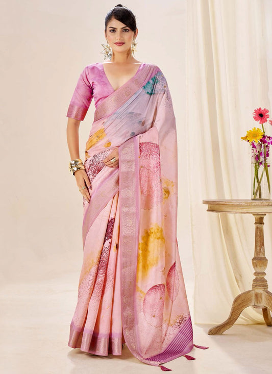 Pink Silk Contemporary Saree Border Work, Fancy Work, Printed, Weaving Zari S19073