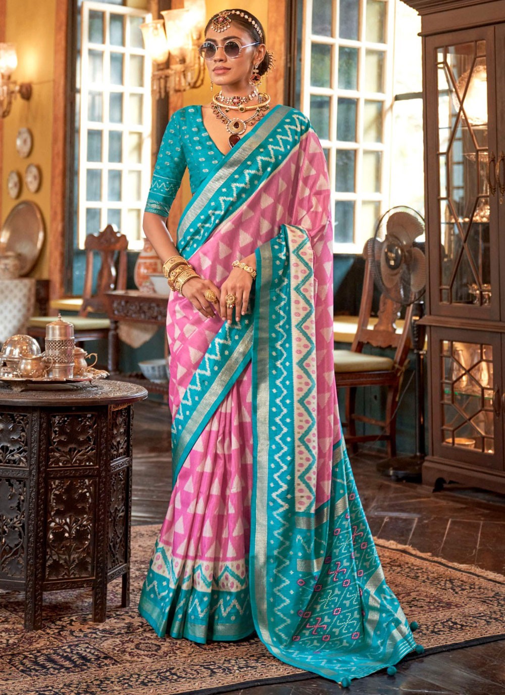 Geometric Print Silk Pink Designer Saree S14905