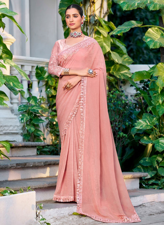 Pink Silk Contemporary Saree Embroidered, Lace S20134
