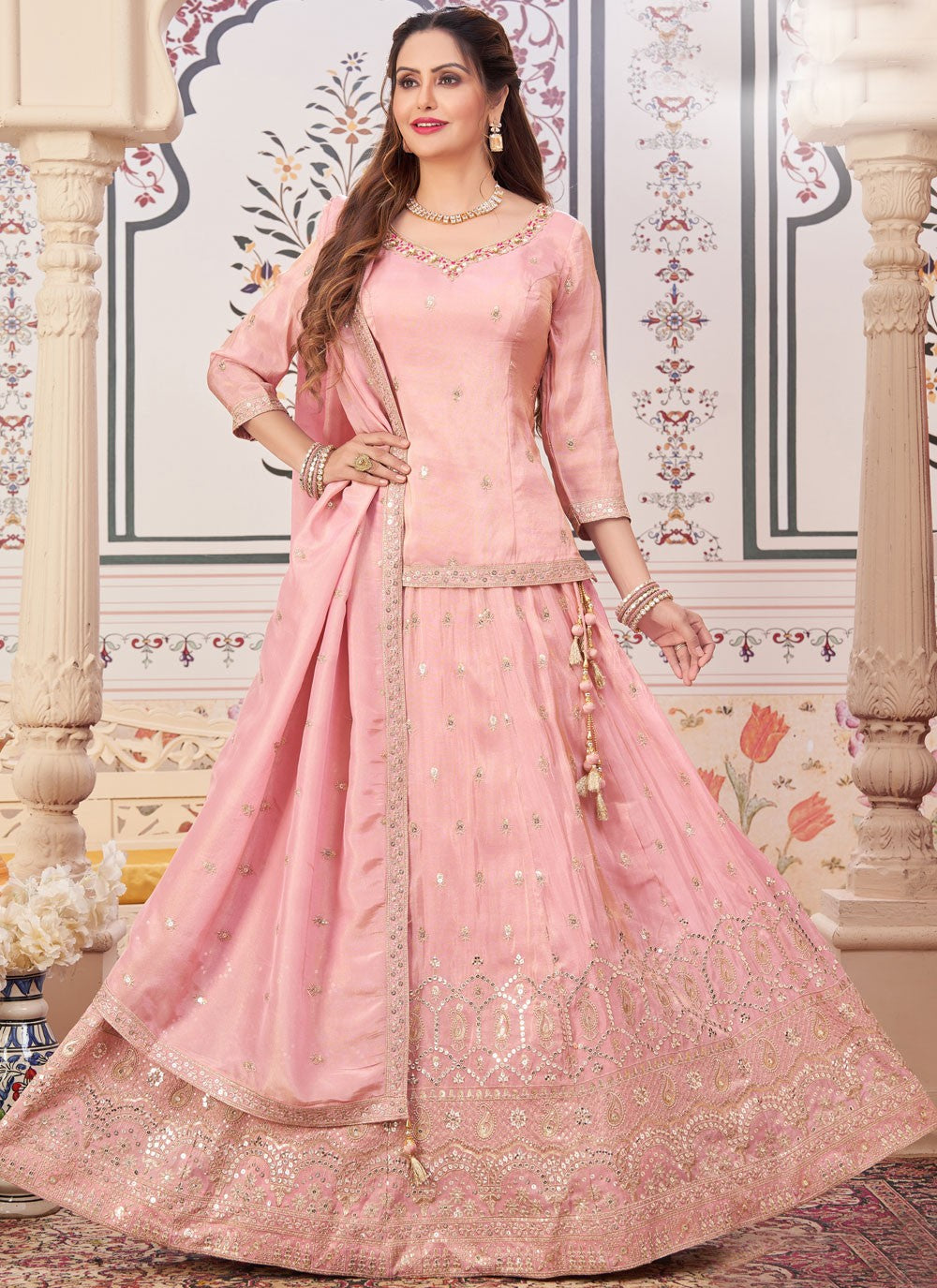 Embroidered Silk Pink Lehenga Choli L3458