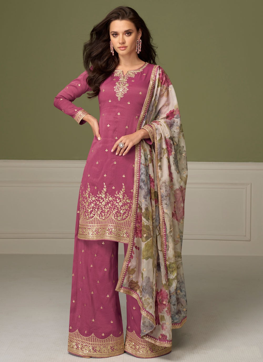 Palazzo Suit Embroidered Pink T8549