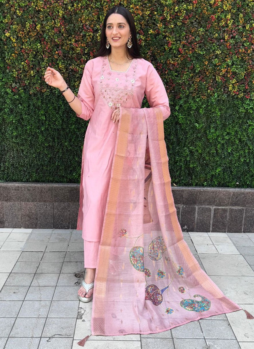 Salwar Suit Embroidered Pink Silk T5405