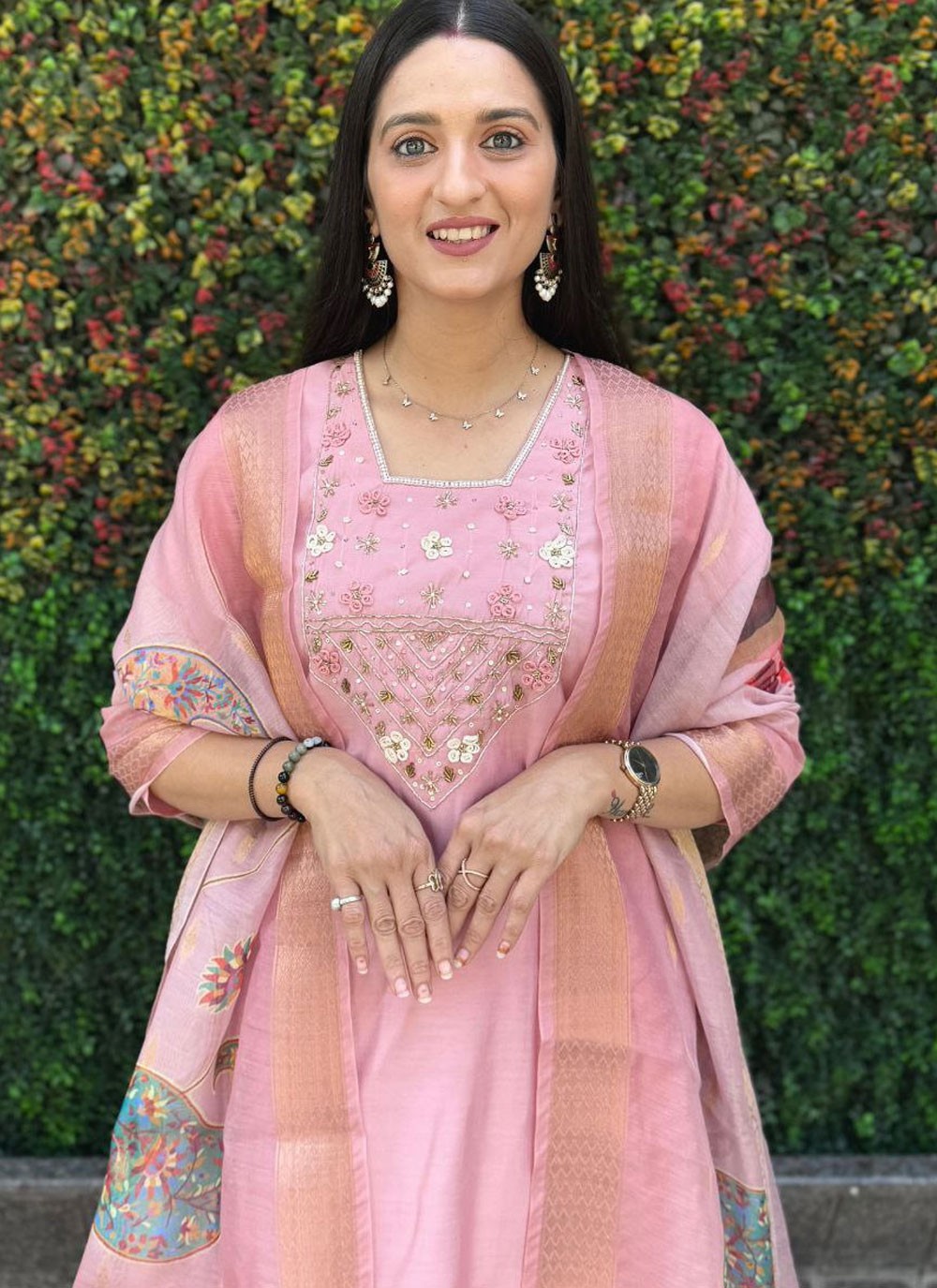 Salwar Suit Embroidered Pink Silk T5405