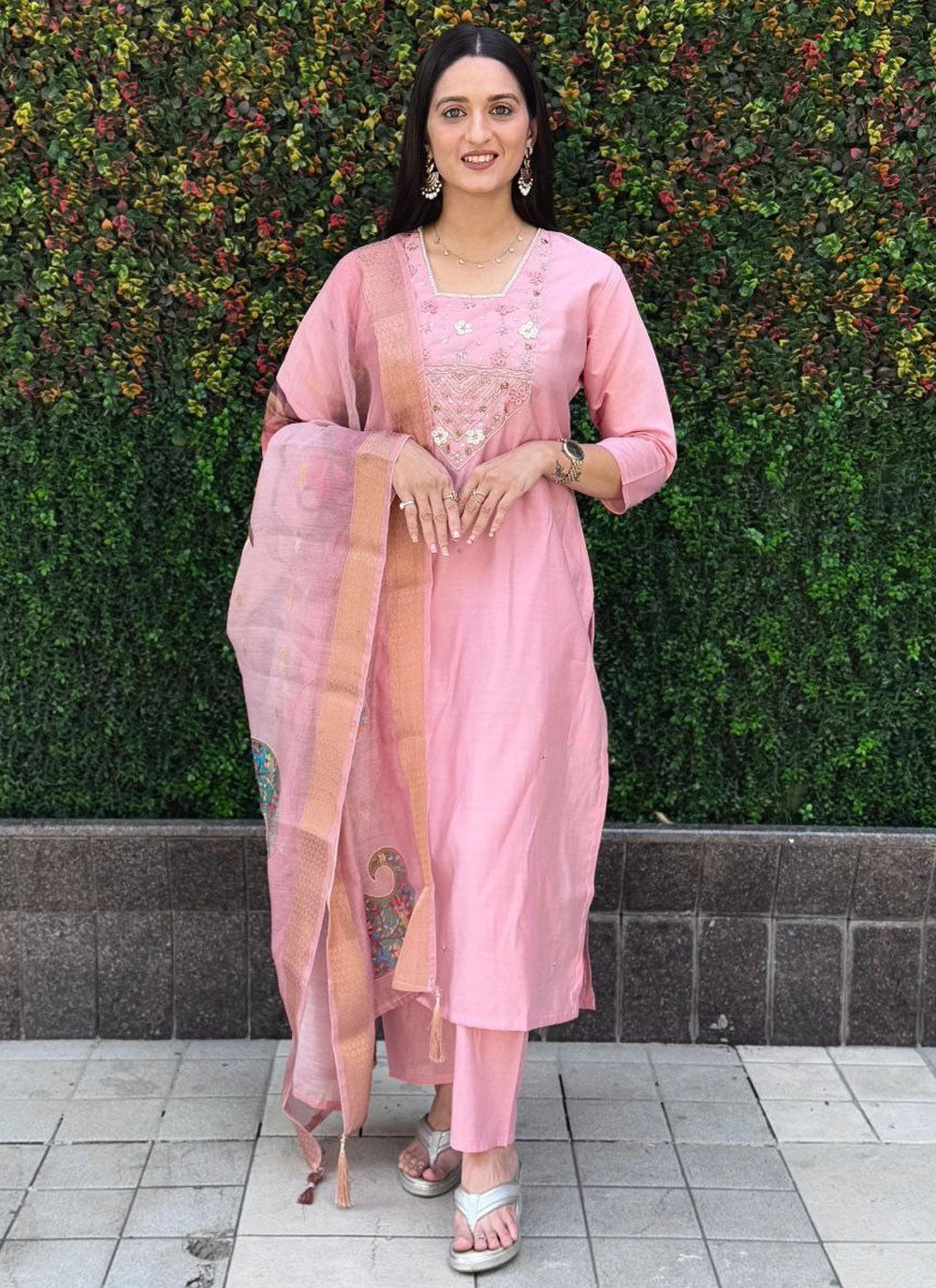 Salwar Suit Embroidered Pink Silk T5405