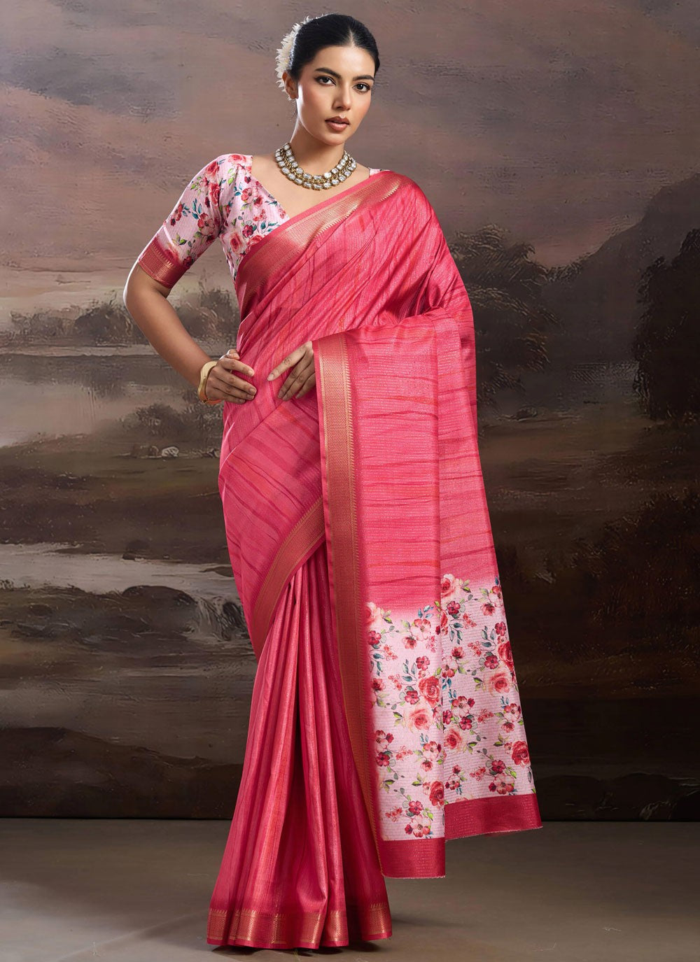 Pink Silk Classic Saree Floral Printed S19536