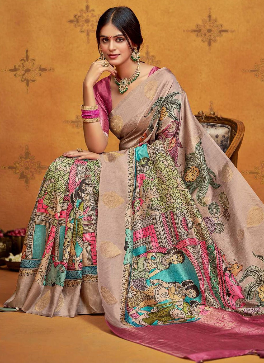 Pink Silk Classic Saree Printed, Weaving Zari S18660