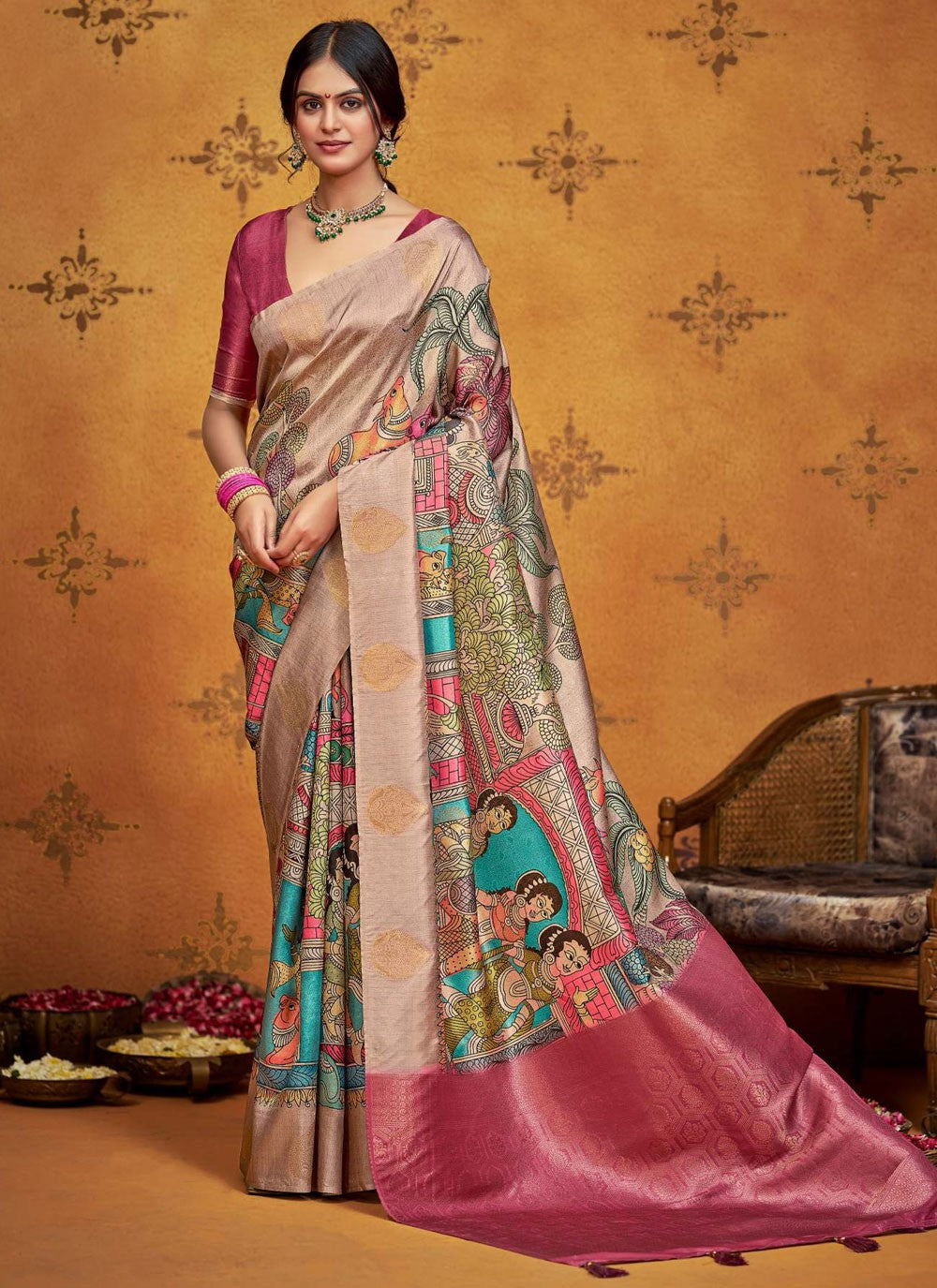 Pink Silk Classic Saree Printed, Weaving Zari S18660