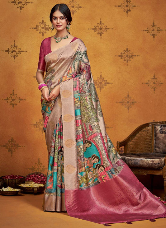 Pink Silk Classic Saree Printed, Weaving Zari S18660