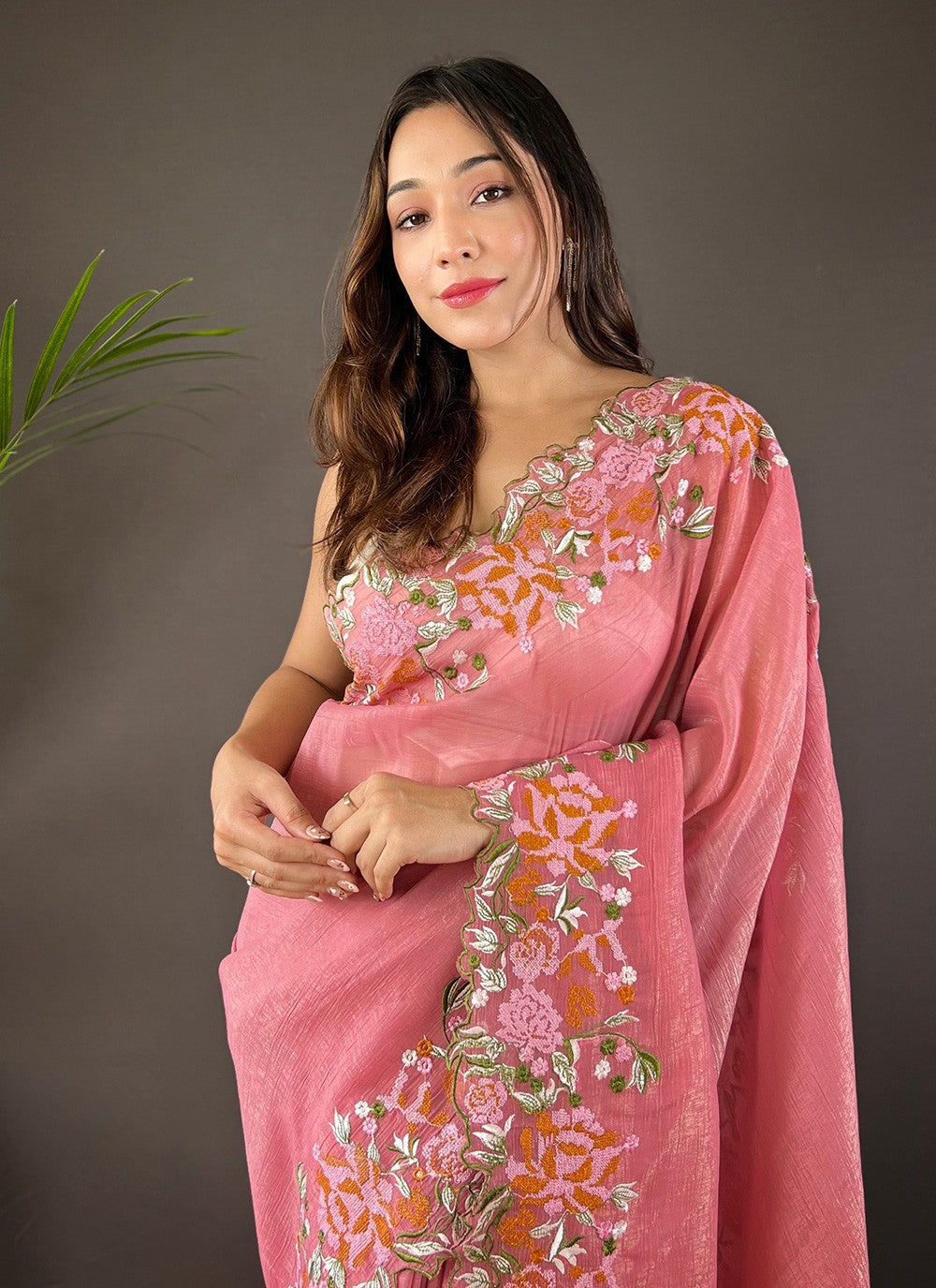 Cut Work, Embroidered Silk Saree - S11759