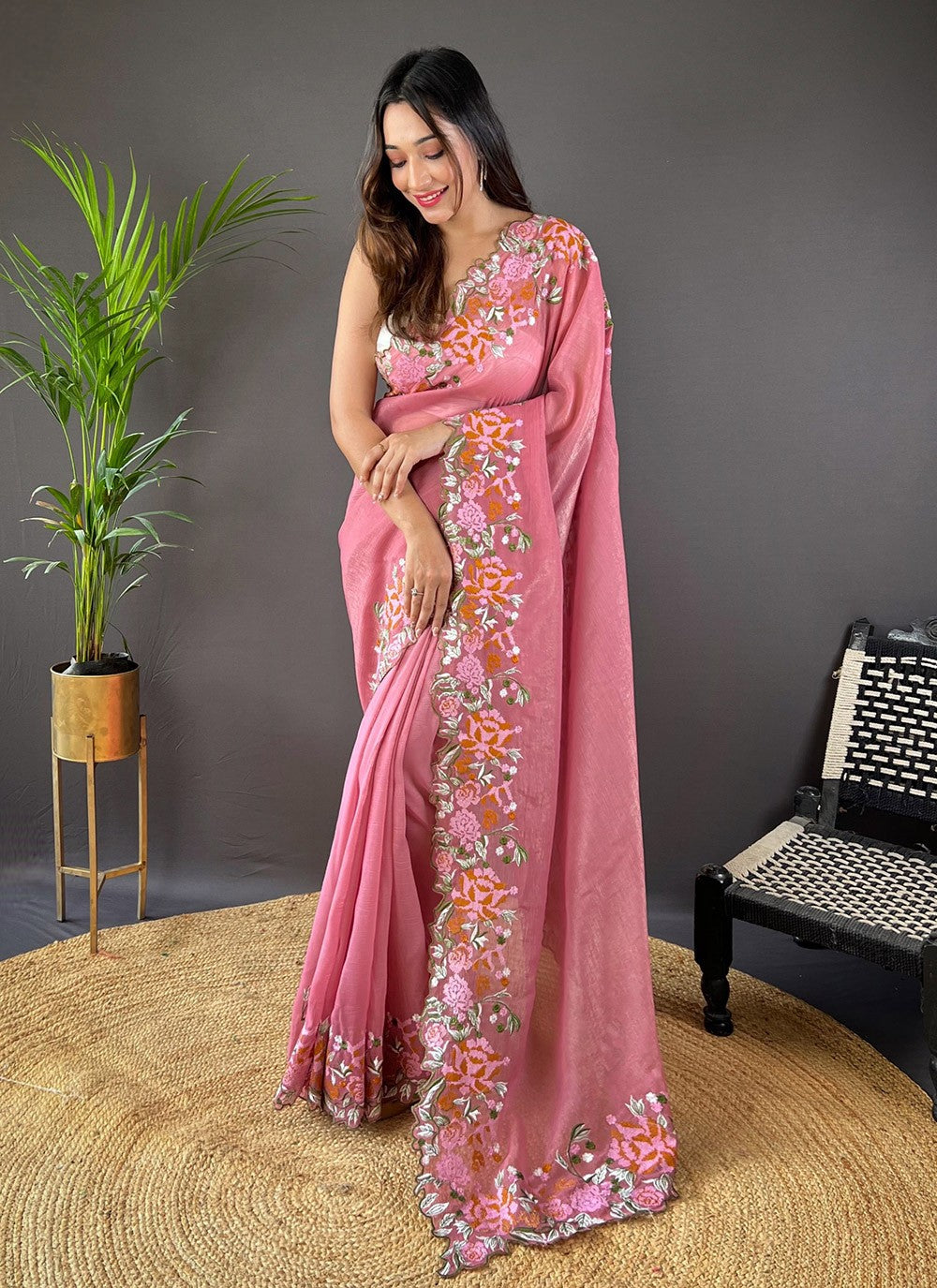 Cut Work, Embroidered Silk Saree - S11759