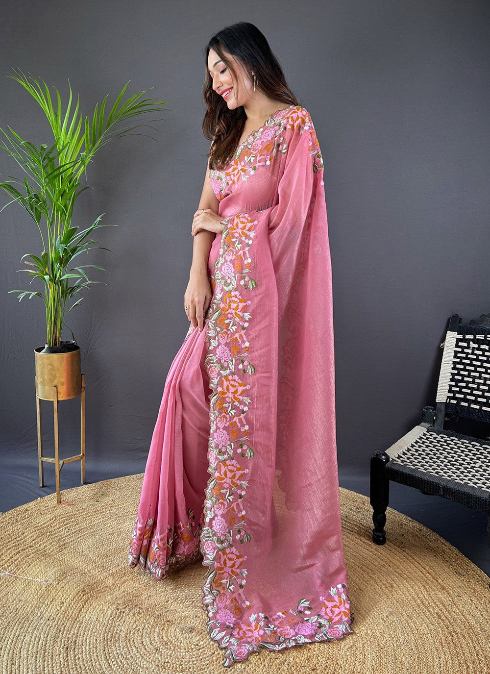Cut Work, Embroidered Silk Saree - S11759