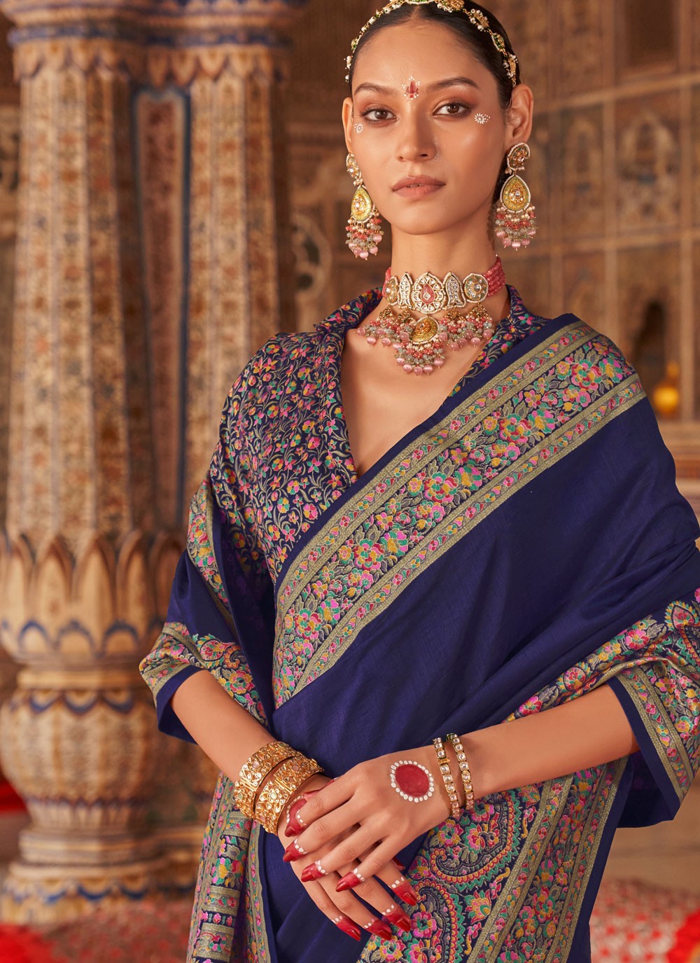 Navy Blue Silk Classic Saree Printed S20299