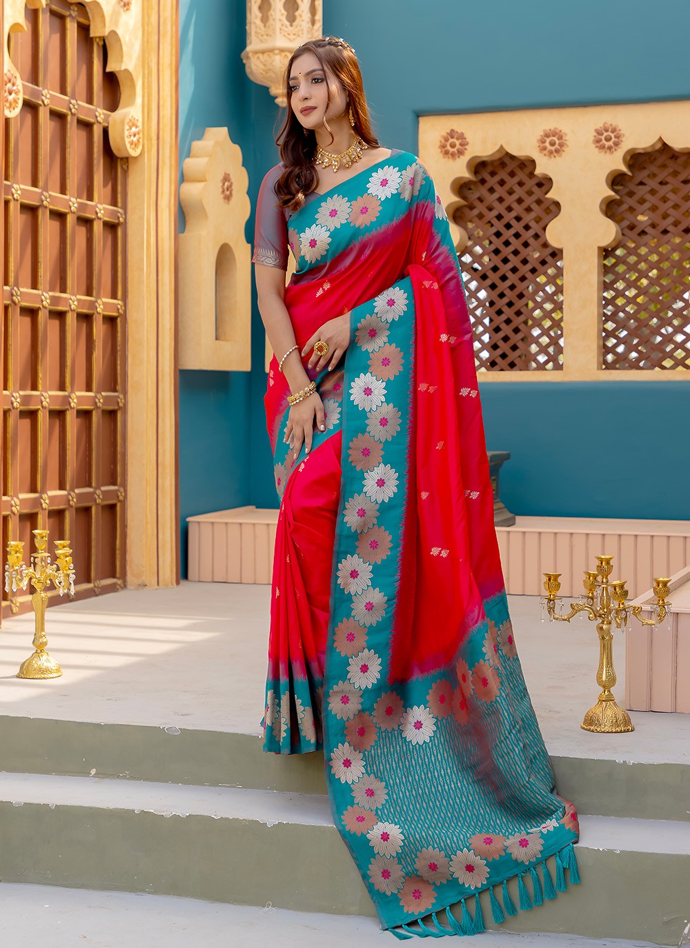 Classic Saree Printed Red Silk S12568