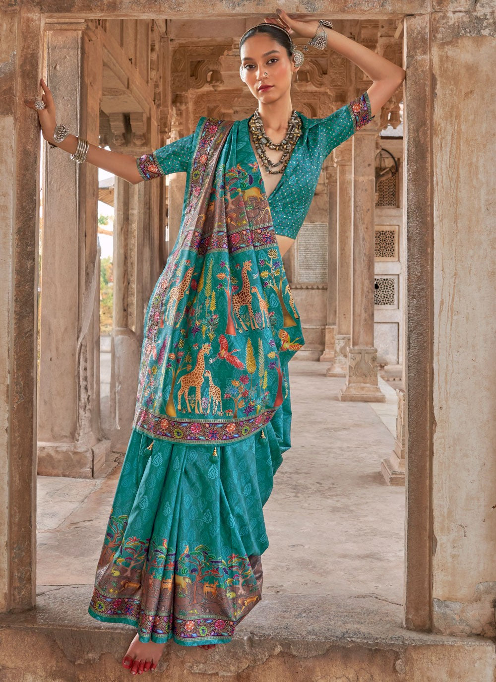 Sea Green Silk Contemporary Saree Printed S19654