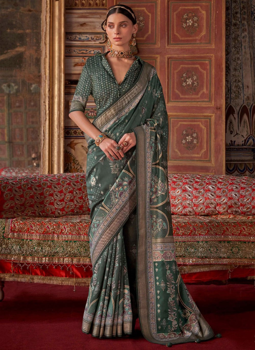 Trendy Saree Printed Green, Grey Silk Saree S13695