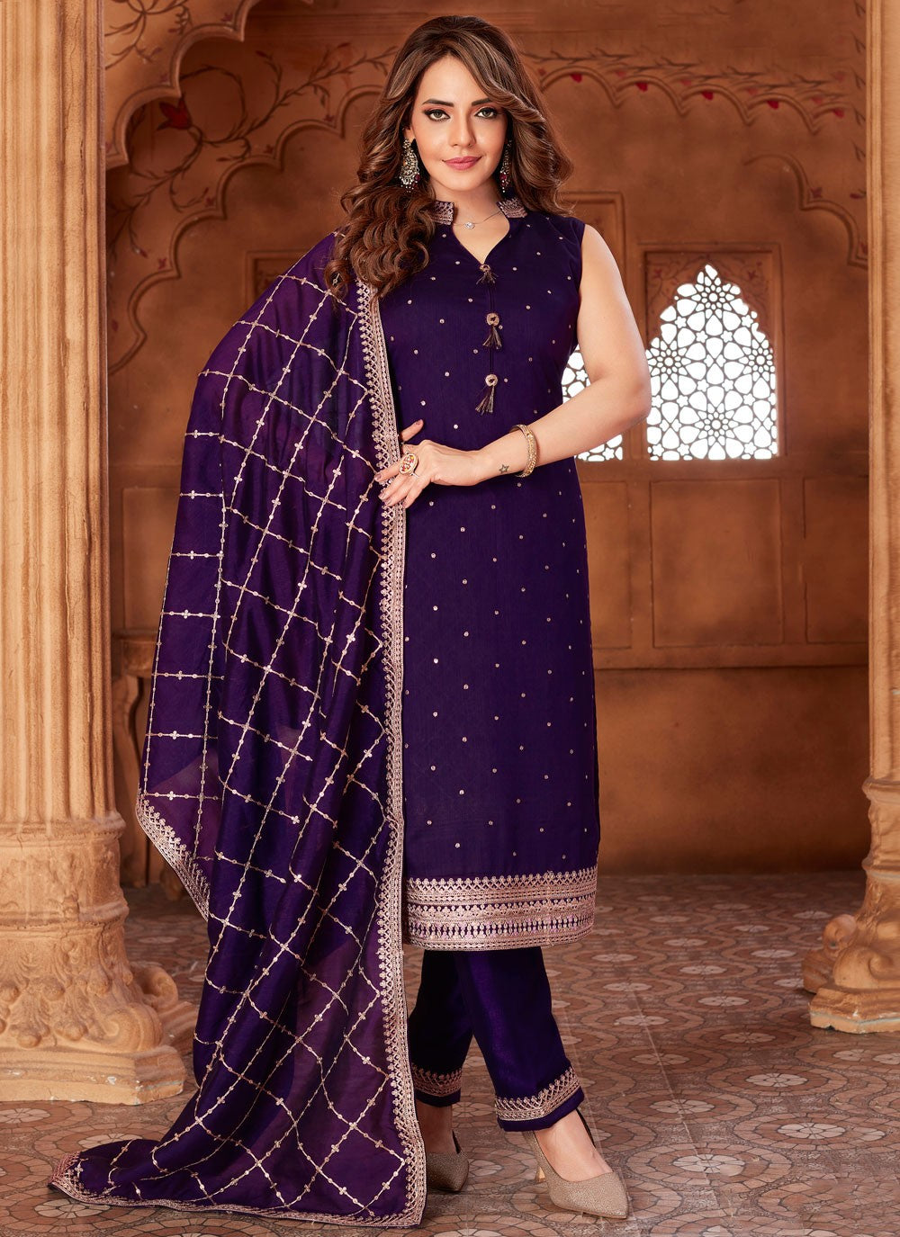Pant Style Suit Embroidered, Zari Purple T7890