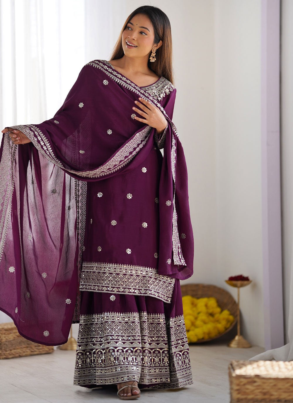 Embroidered Chinon Purple Salwar Suit T5953