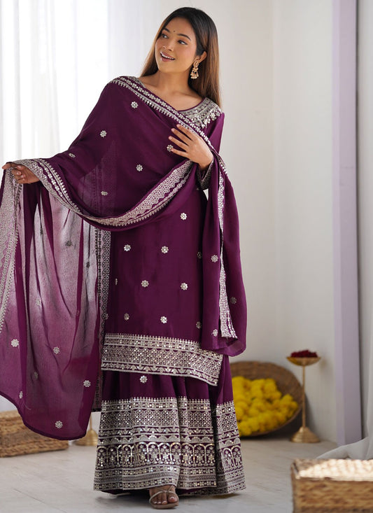Embroidered Chinon Purple Salwar Suit T5953