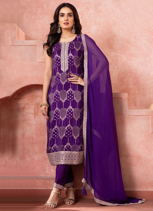 Pant Style Suit Embroidered, Sequins, Zari Purple T8089