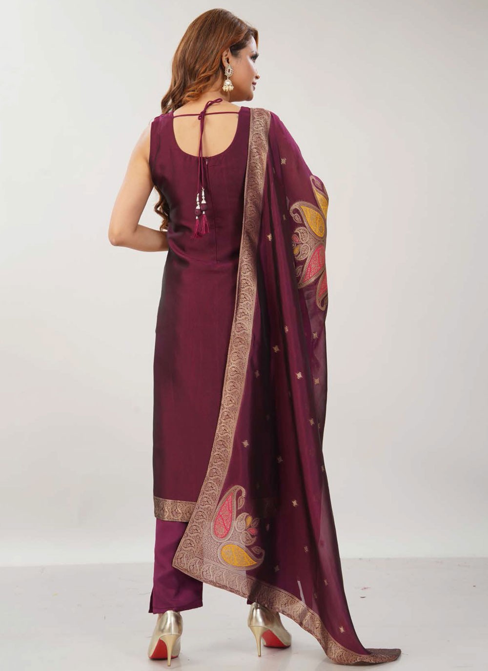 Pant Style Suit Jacquard Work, Machine Embroidery, Zari Purple T7681