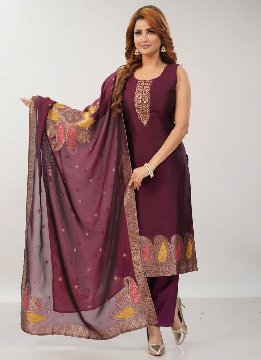 Pant Style Suit Jacquard Work, Machine Embroidery, Zari Purple T7681