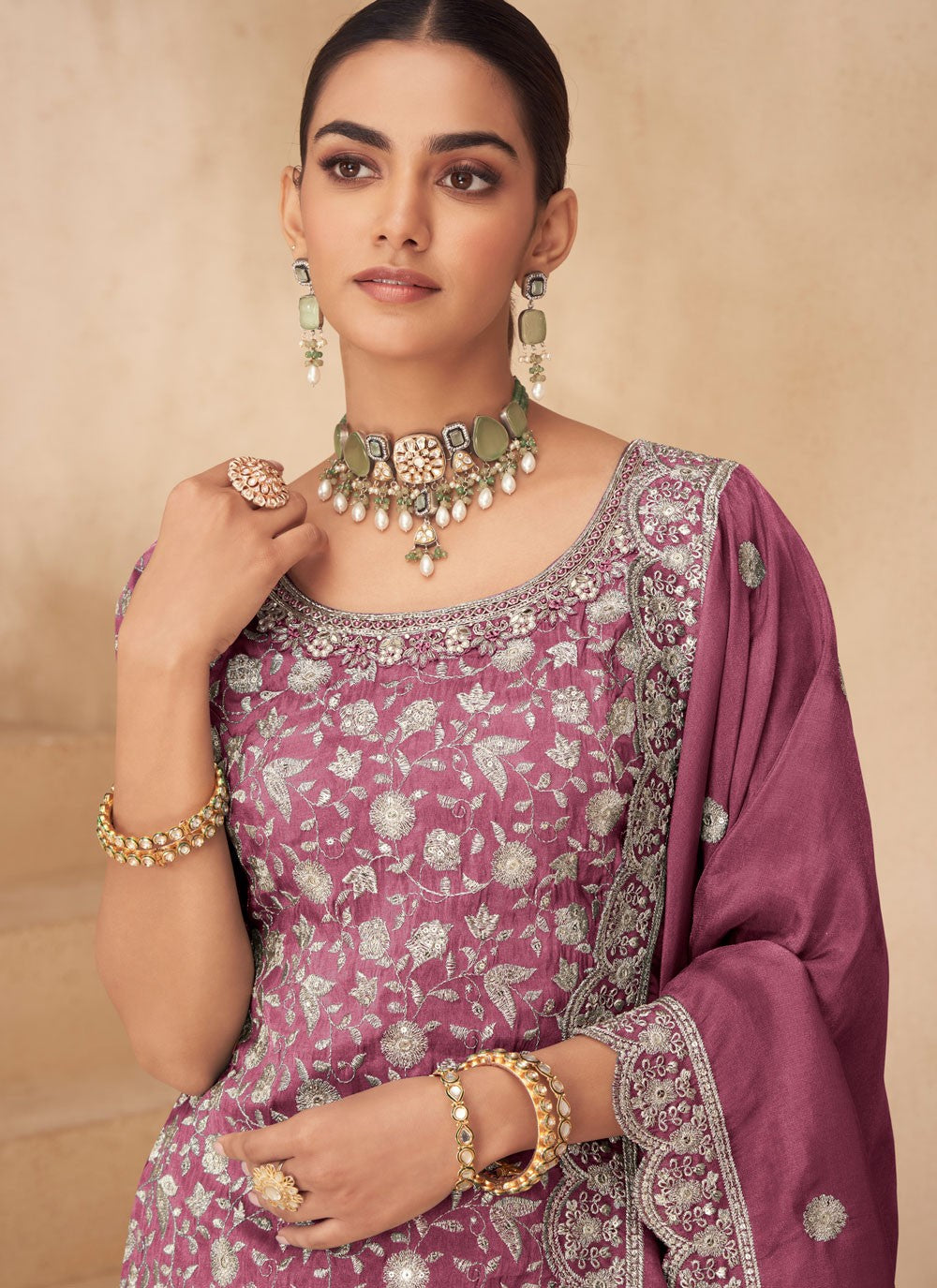 Palazzo Suit Beads, Embroidered Purple T8290