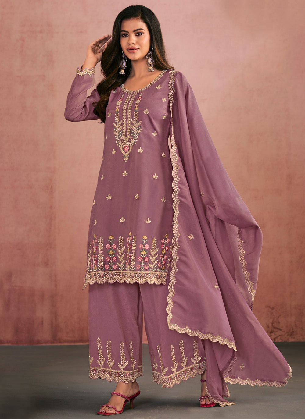 Palazzo Suit Embroidered, Thread Purple T8769