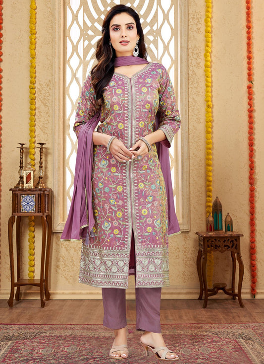 Pant Style Suit Embroidered, Zari Purple T7993