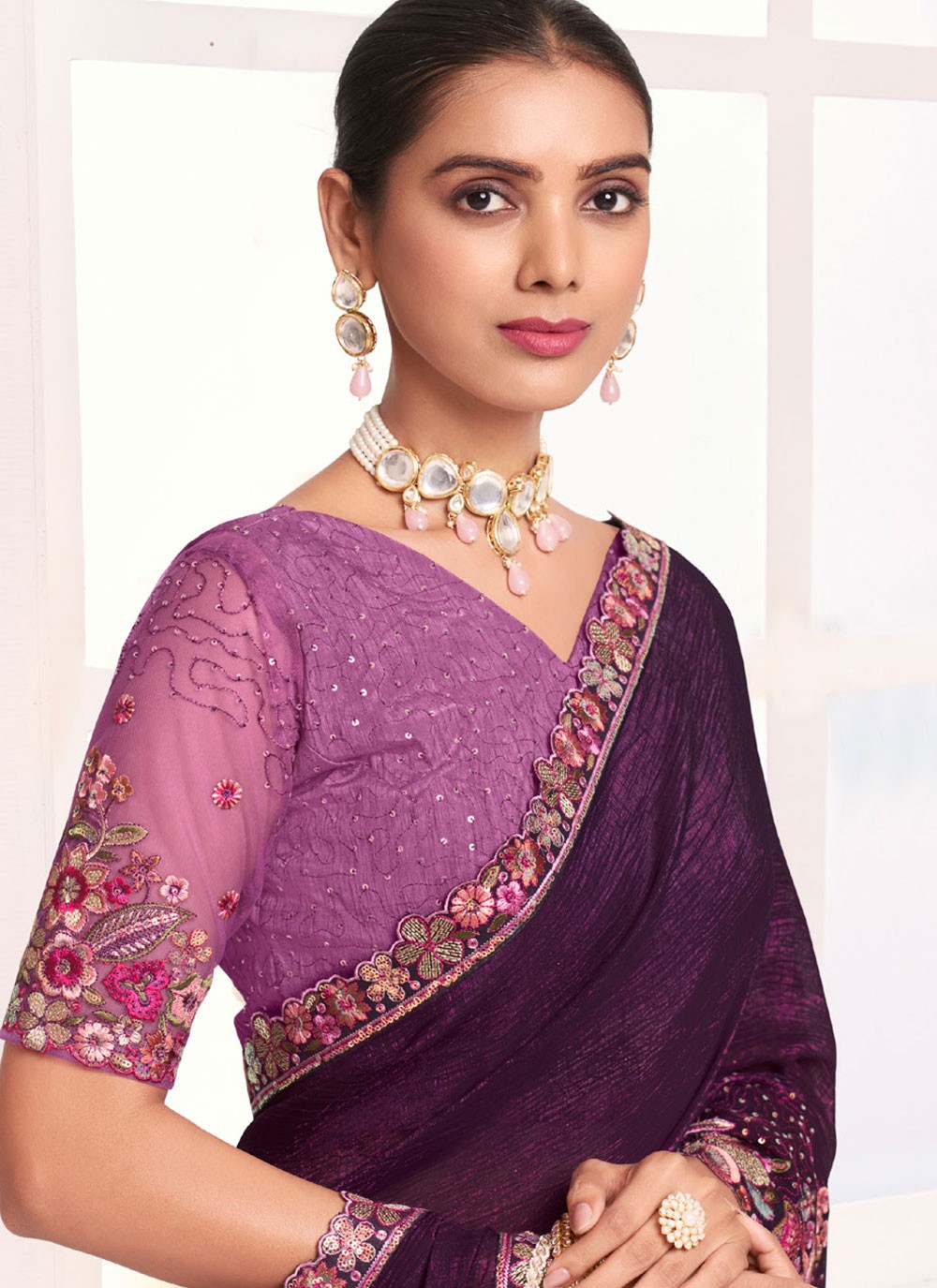 Trendy Saree Border Work Purple Silk Saree S12578
