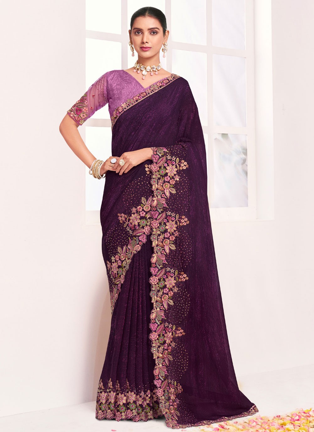 Trendy Saree Border Work Purple Silk S12578