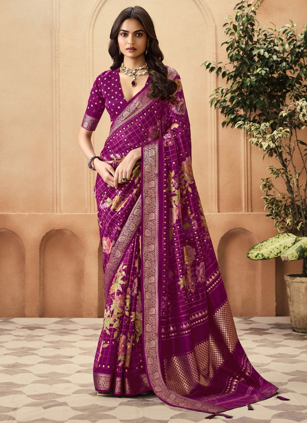 Purple Silk Trendy Saree Printed, Weaving Zari S16294