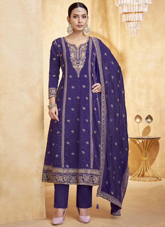Pant Style Suit Embroidered, Zari Purple T8259