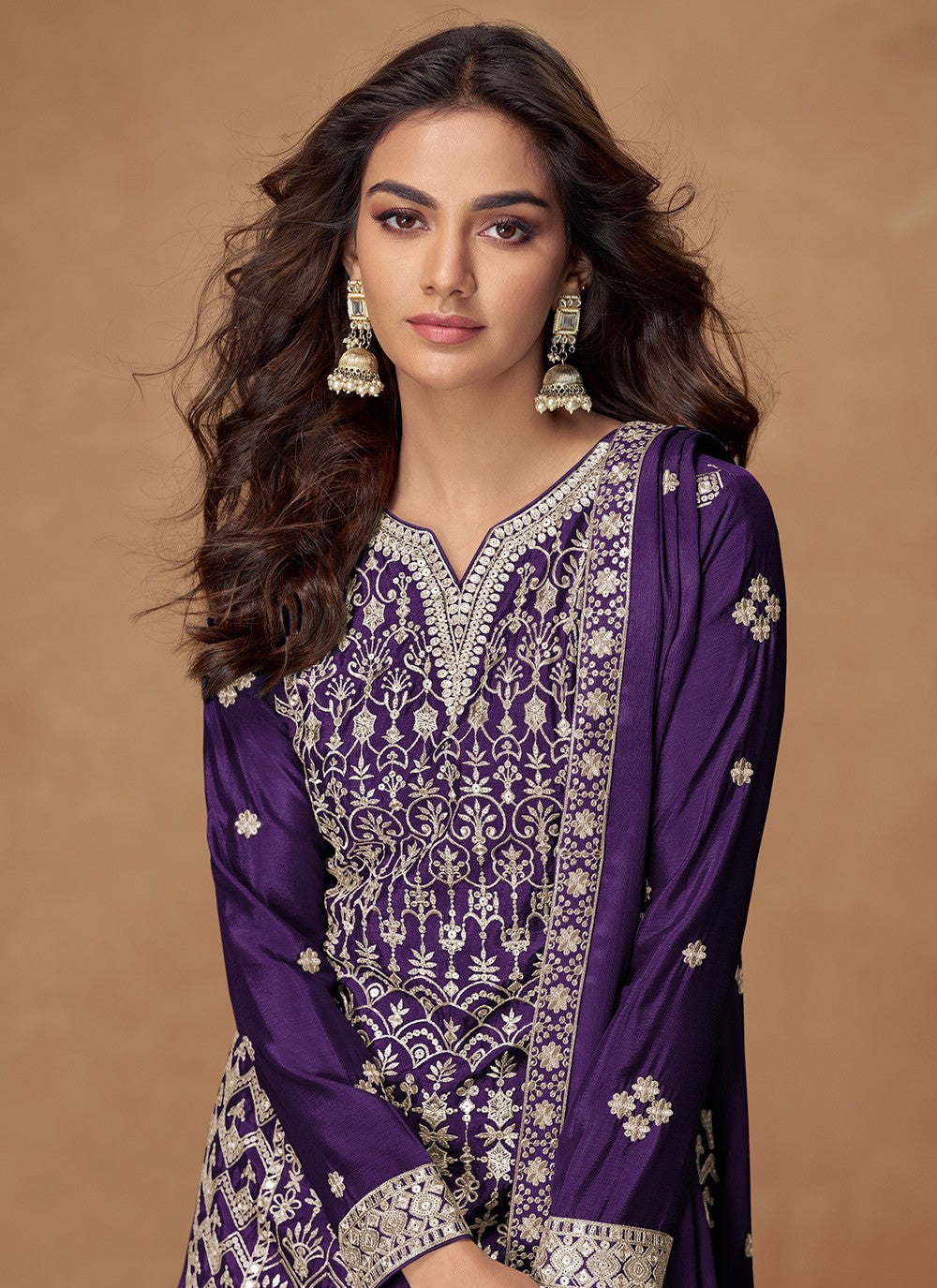 Sharara Suit Embroidered, Zari Purple T8059