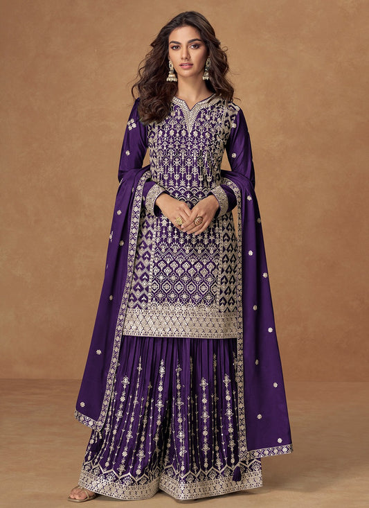 Sharara Suit Embroidered, Zari Purple T8059