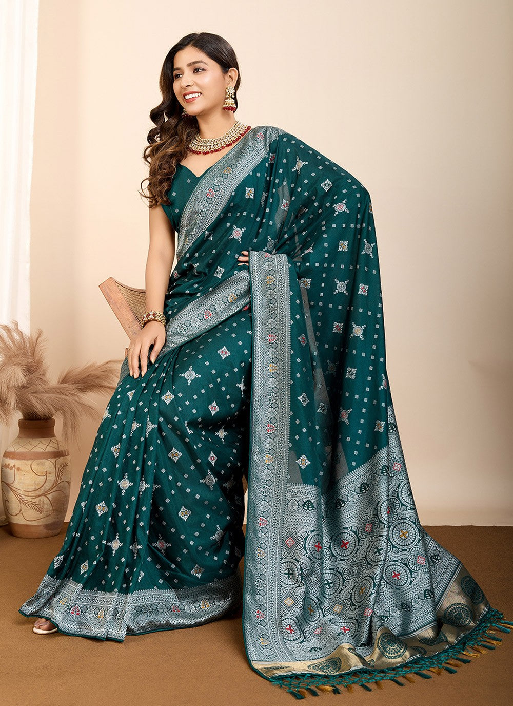 Trendy Saree Meenakari Rama Silk Saree S13586