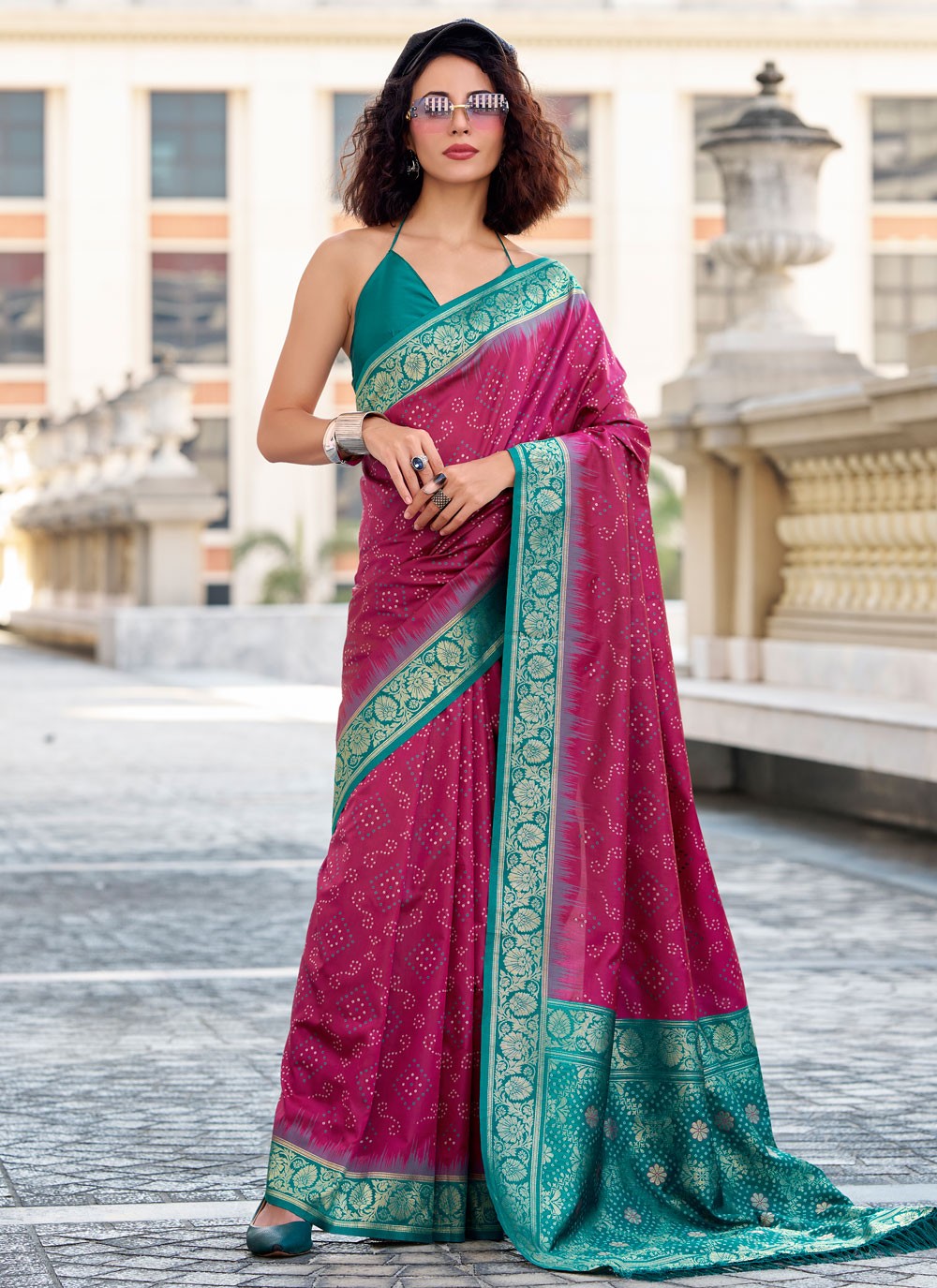 Classic Saree Foliage Prints Hot Pink, Red Silk Saree S13727