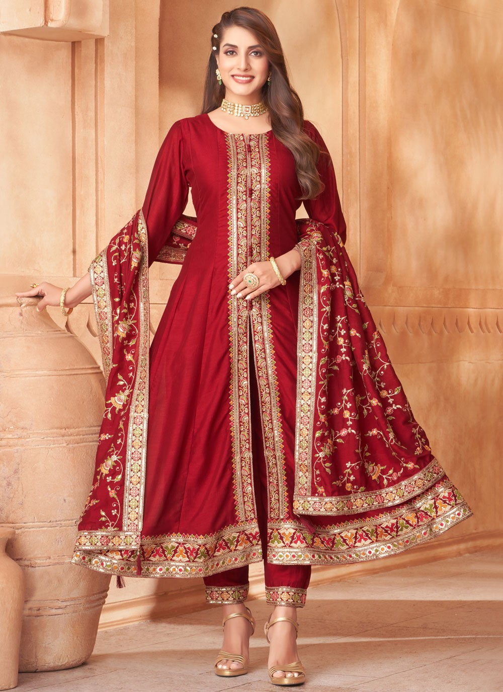 Anarkali Embroidered Hot Pink, Red Silk T5591