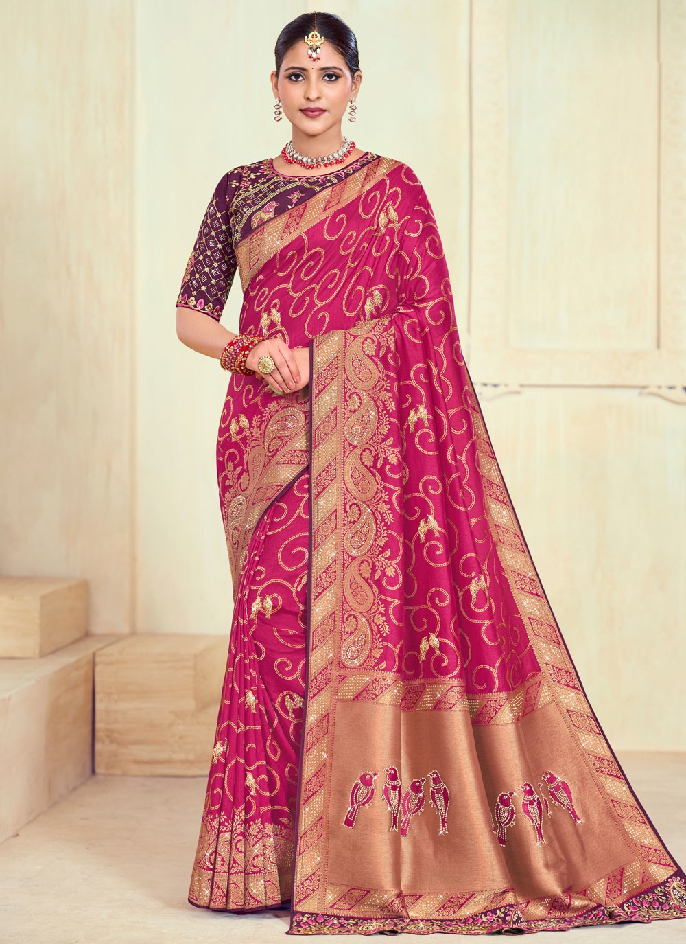 Classic Saree Paisley Printed Hot Pink Silk Saree S12654