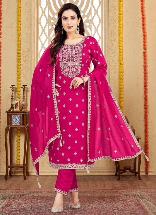Pant Style Suit Embroidered Hot Pink T7995